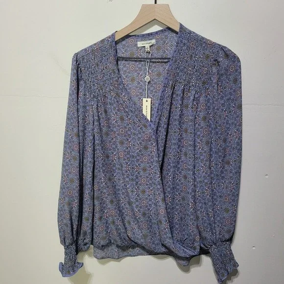 Max Studio Women's Crepe Shirtale Wrap Floral Print Surplice Blouse L - Picture 2 of 12